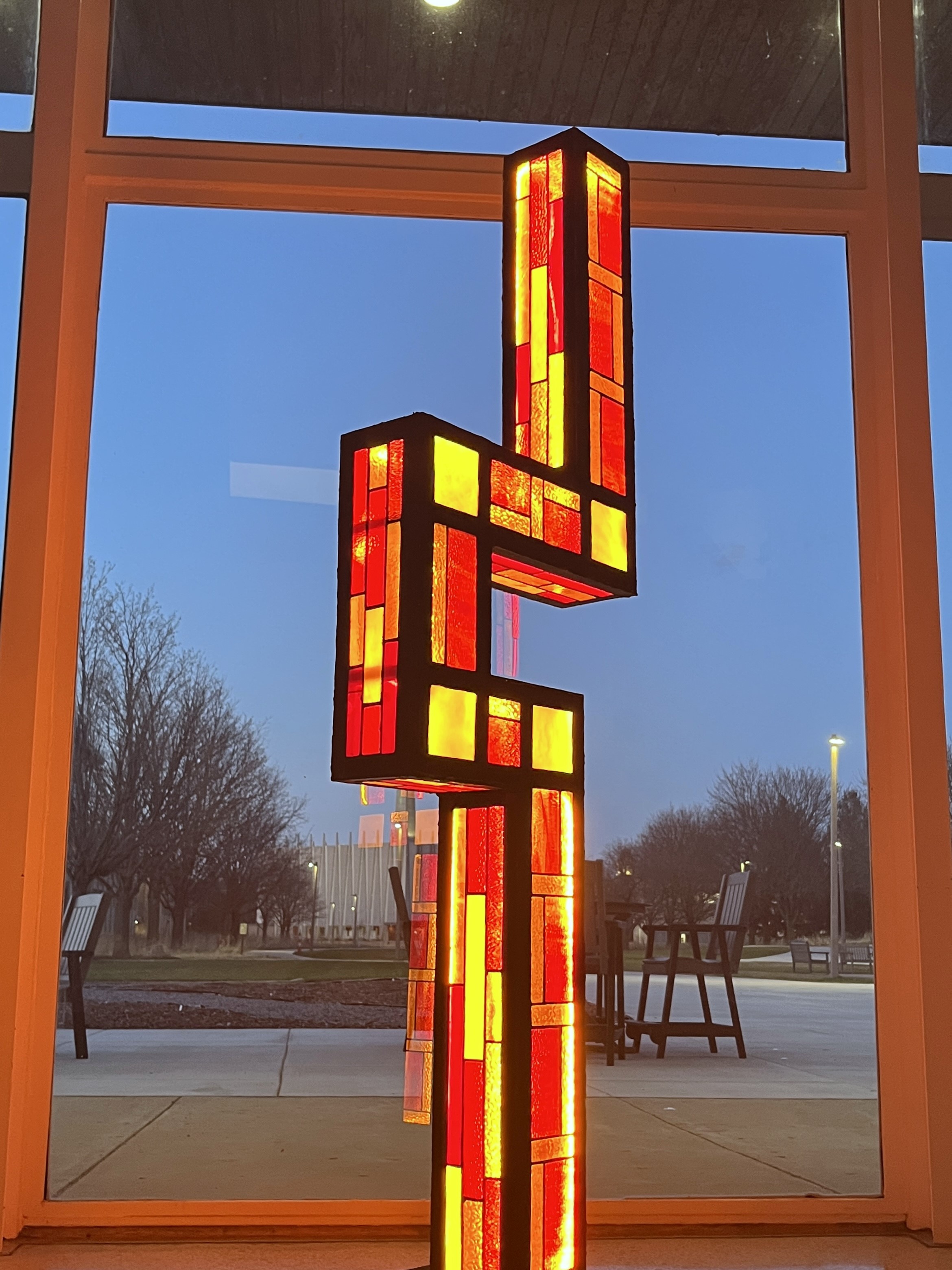 6-6-6 — tower sculpture in gallery at night