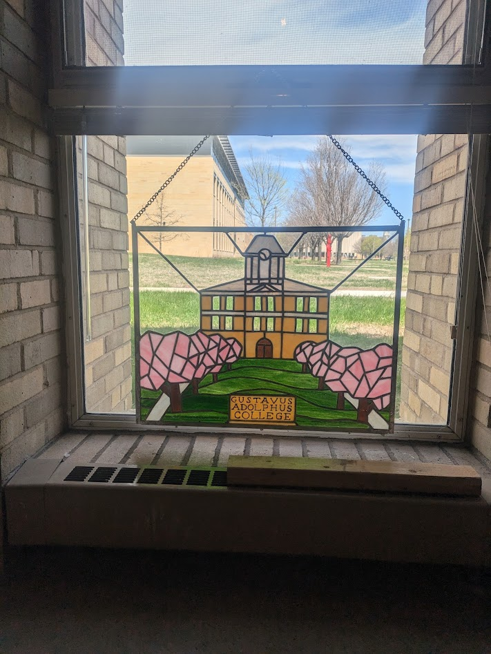 Old Main — stained glass window panel of Gustavus Adolphus College